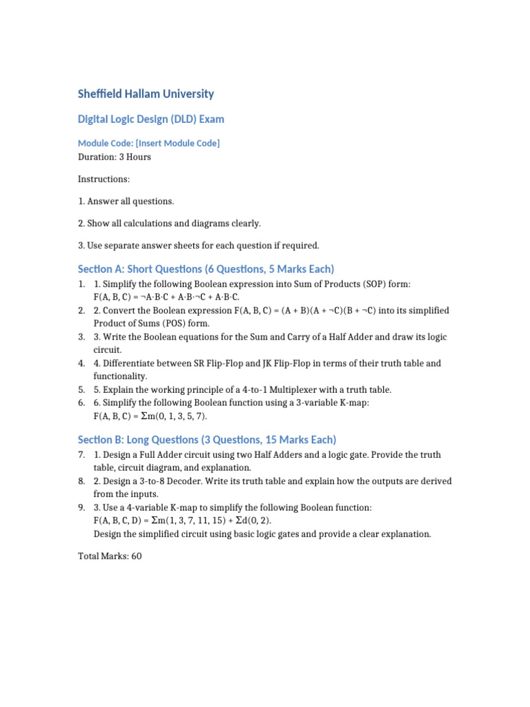 DLD Exam Paper Overview | PDF