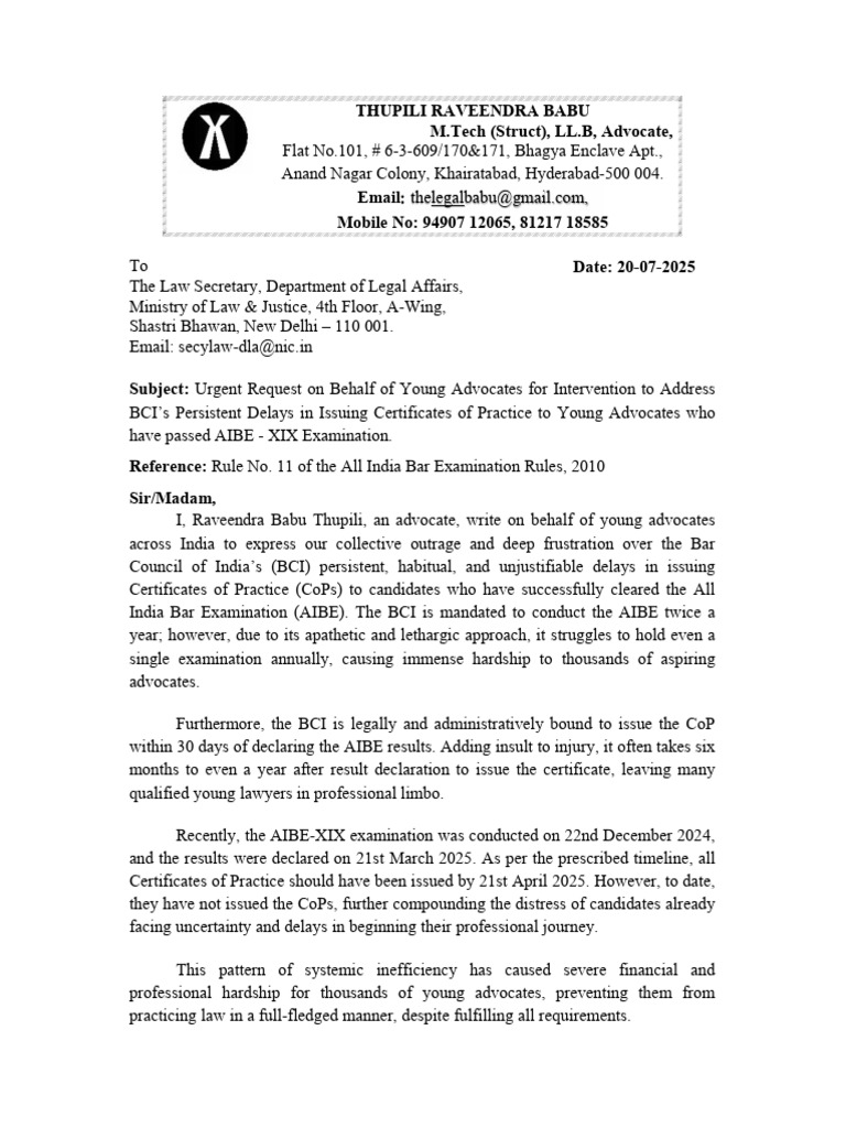 Letter For CoP AIBE 19 | PDF | Advocate | Government