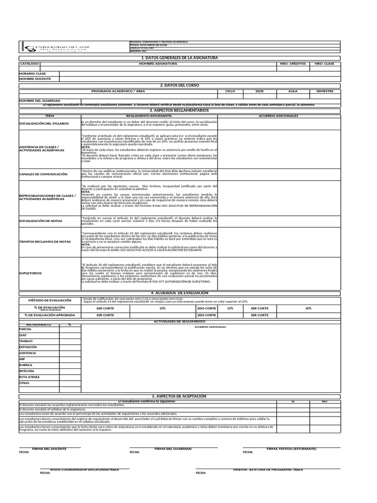 R-Fac-089 Acta de Inicio de Clases | PDF