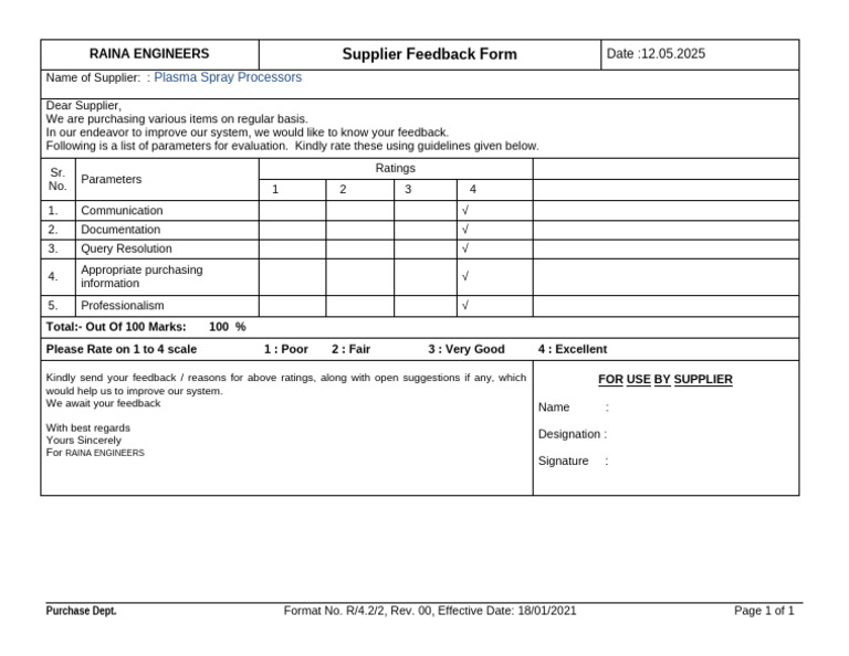 Supplier Feedback Form for Raina Engineers | PDF