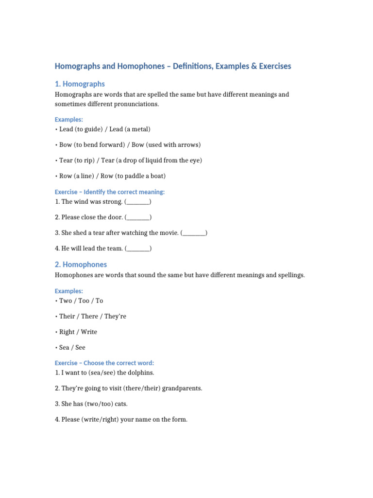 Homographs and Homophones Exercises | PDF