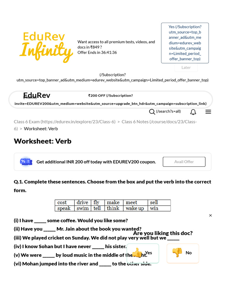 Class 6 Verb Worksheet Exercises | PDF | Linguistic Morphology | Grammar