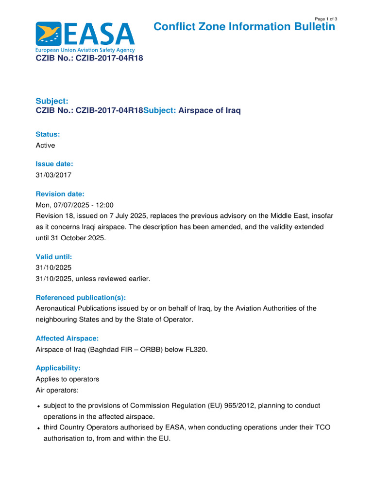 Iraq Airspace Conflict Risk Advisory | PDF | Iraq | Risk