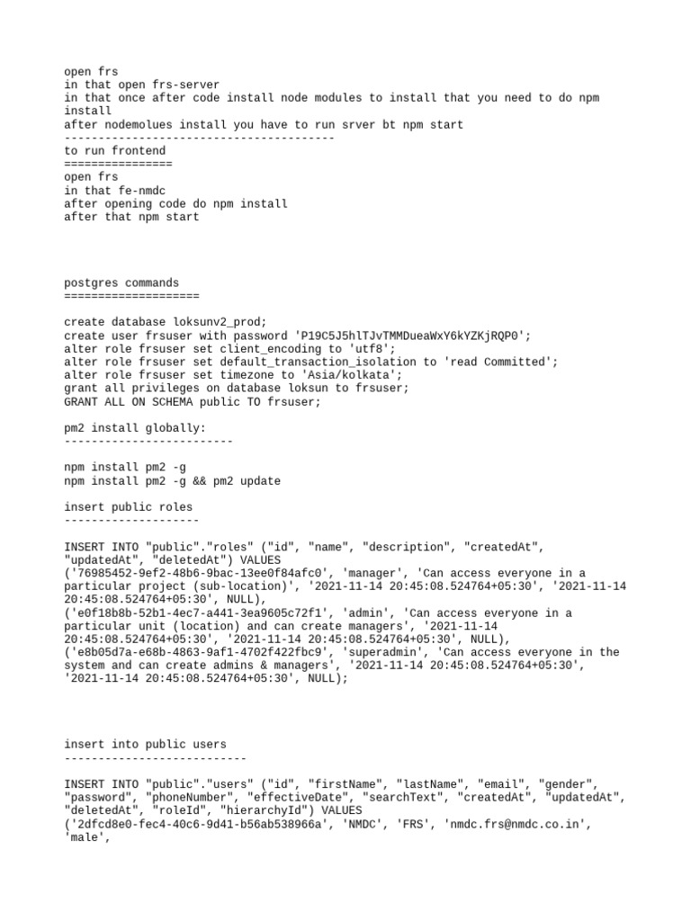 FRs Server Setup and Database Commands | PDF | Postgre Sql | Sql