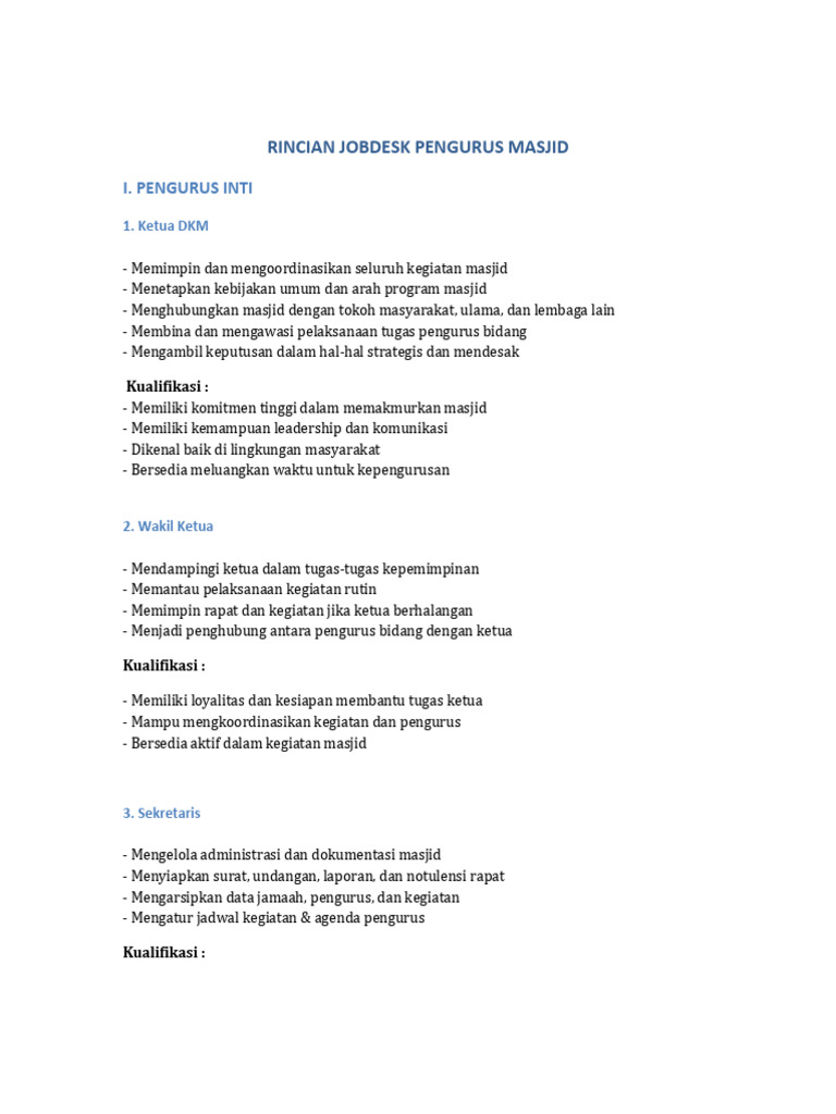 Jobdesk Pengurus Masjid Lengkap | PDF