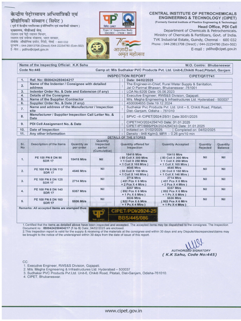CIPET Inspection Report for PE Pipes | PDF | Strength Of Materials ...