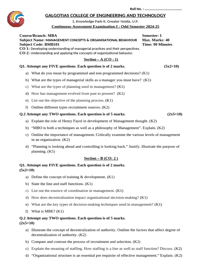 MBA Management Concepts Exam 2024-25 | PDF | Organizational Behavior ...