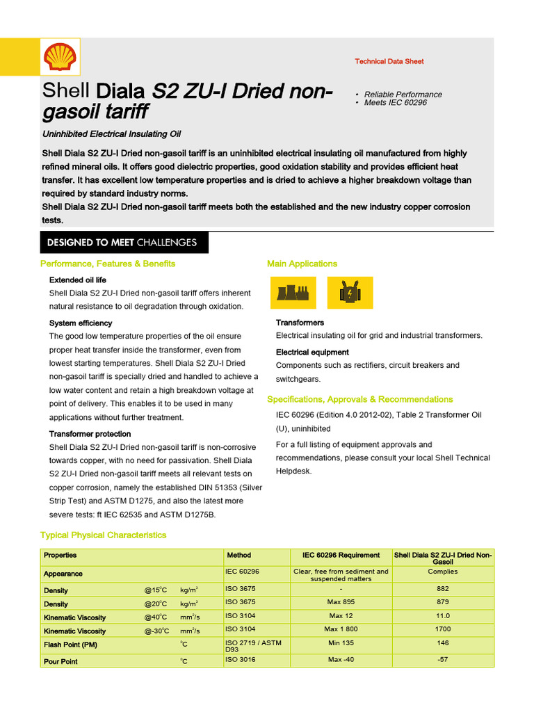 Shell Diala S2 ZU-I Oil Specifications | PDF | Transformer | Insulator ...