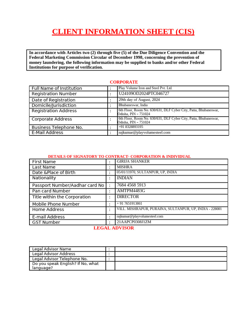 1 Client Information Sheet (India) - PVIS | PDF | Board Of Directors ...