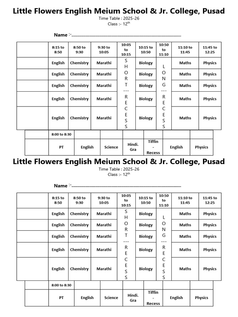 12th Class Time Table 2025-26 | PDF