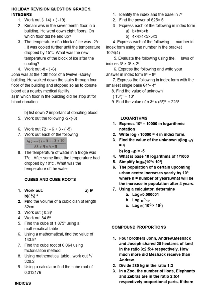Grade 9 Holiday Revision Guide | PDF | Matrix (Mathematics) | Area