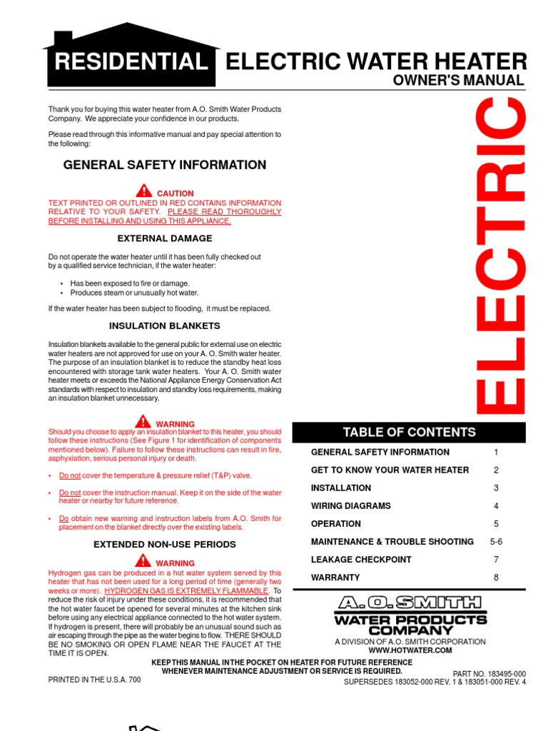 Electric Water Heater Owner Manual Water Heating Leak
