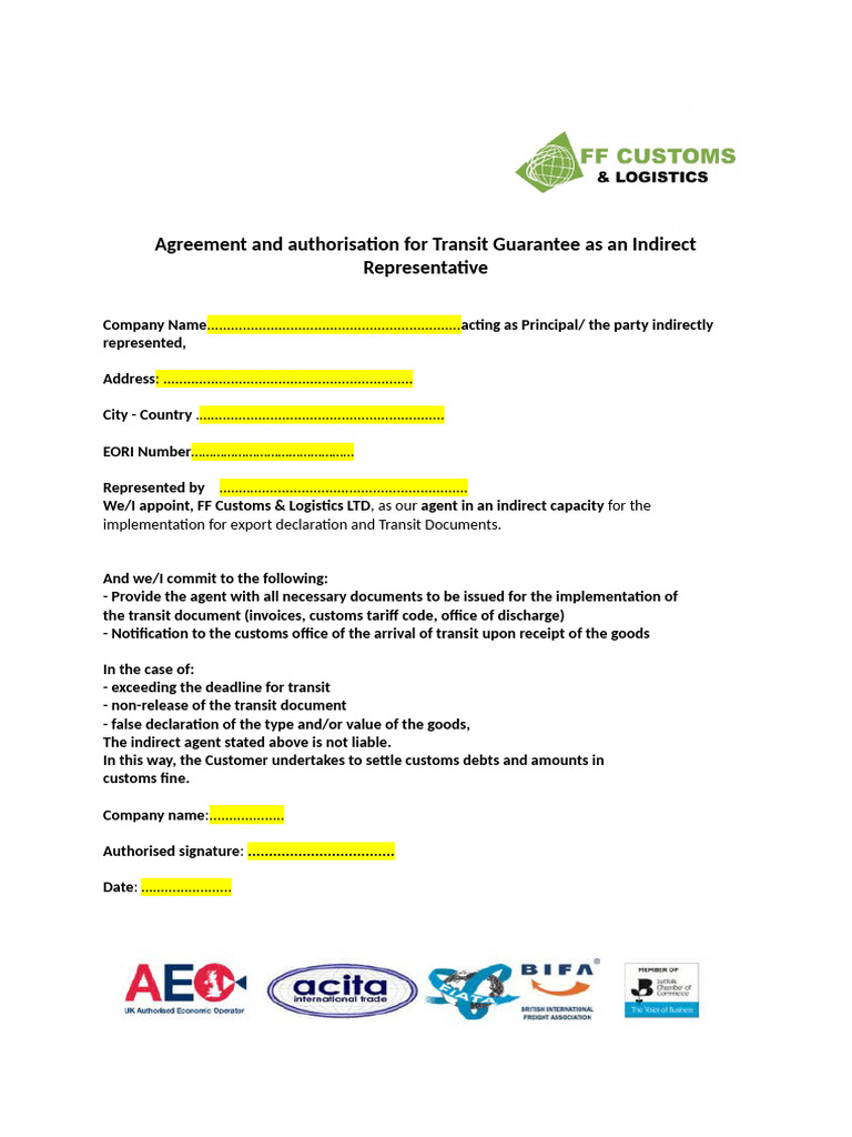 Agreement and Autorisation For Transit Guarantee | PDF