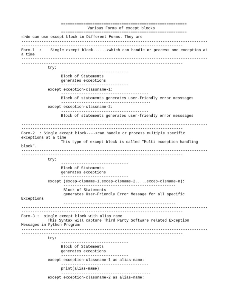 Forms of Python Except Blocks | PDF | Computer Programming | Software ...
