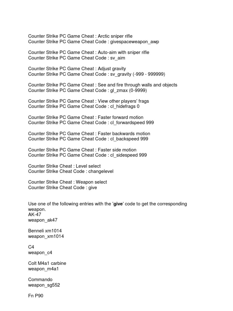 Counter Strike 1.3 Cheat Codes List | PDF | Military Equipment ...