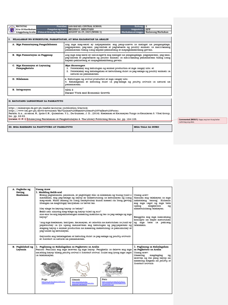 DLL Matatag - Epp 5 q2 w1 | PDF
