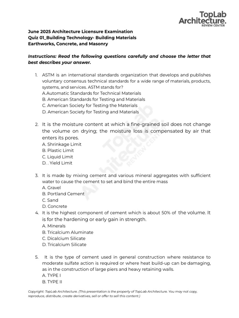 June 2025 Architecture Exam Quiz: Materials | PDF
