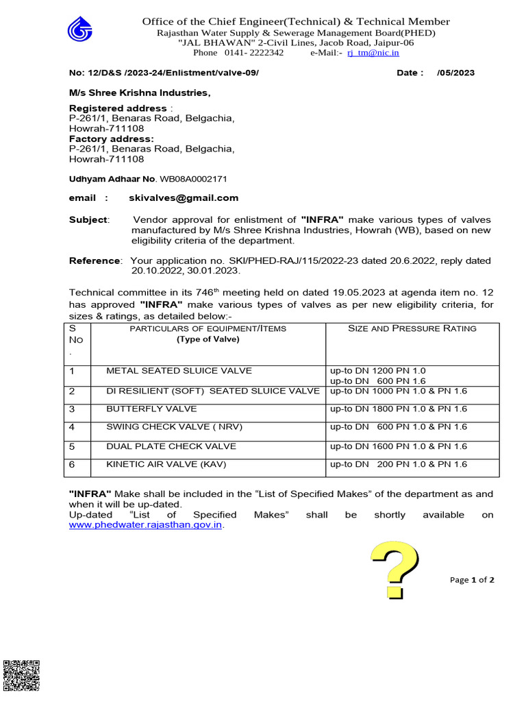 PHED Rajasthan Approved Vendor List | PDF | Valve | Chemical Engineering