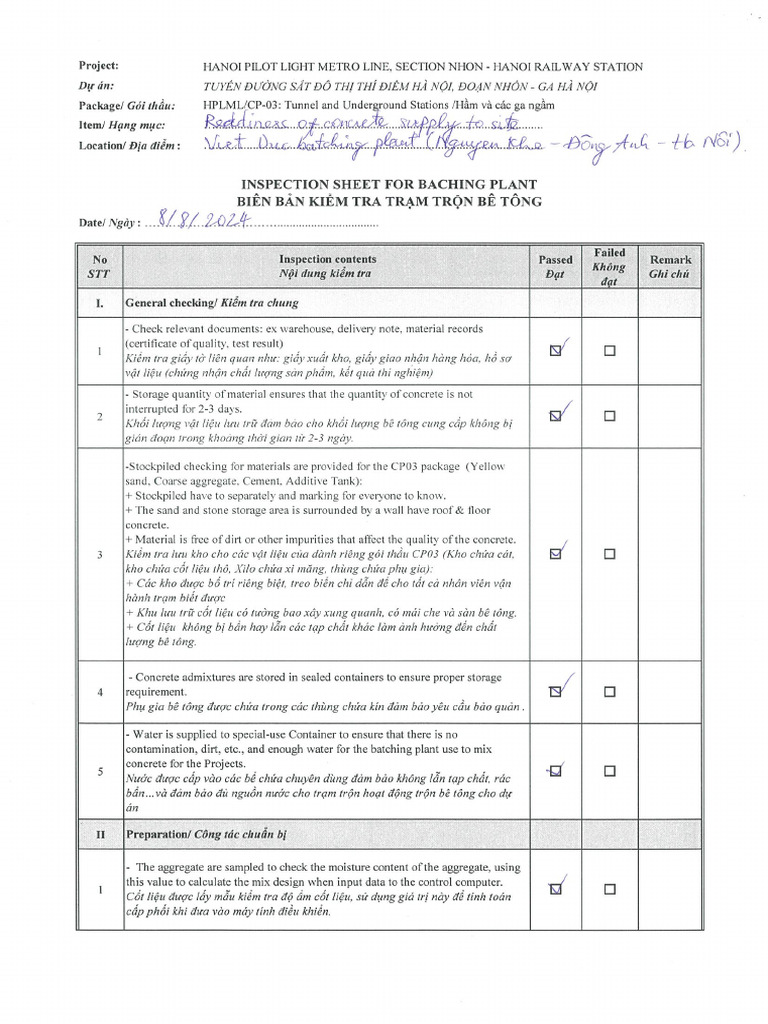 VĐ Batch Plant Inspection For Readiness Concrete Supply | PDF