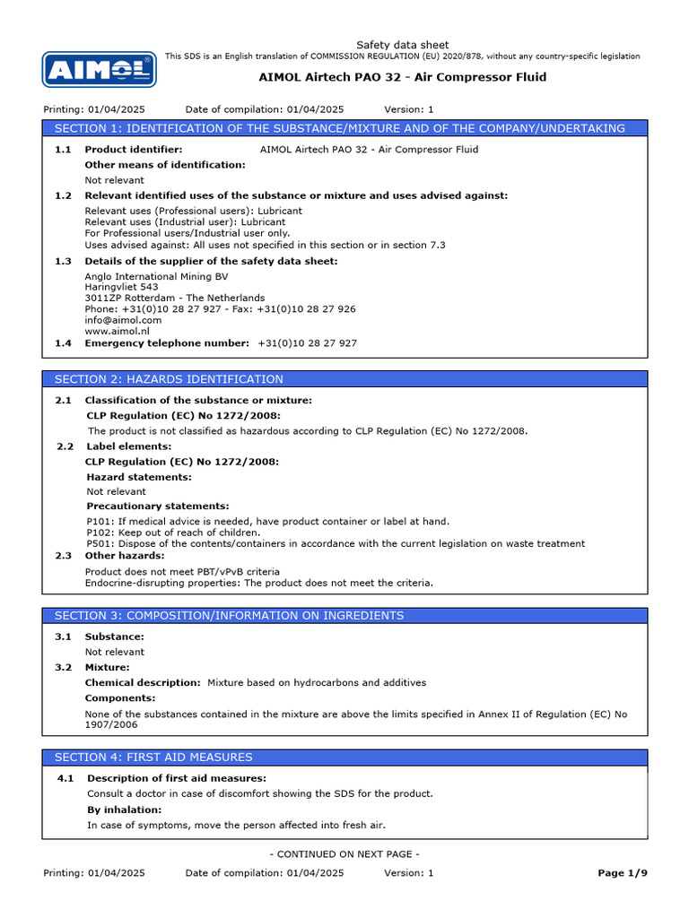 AIMOL Airtech PAO 32 Safety Data Sheet | PDF | Personal Protective ...