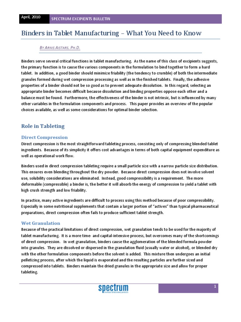 Binders in Tablet Manufacturing Tablet (Pharmacy) Physical Sciences