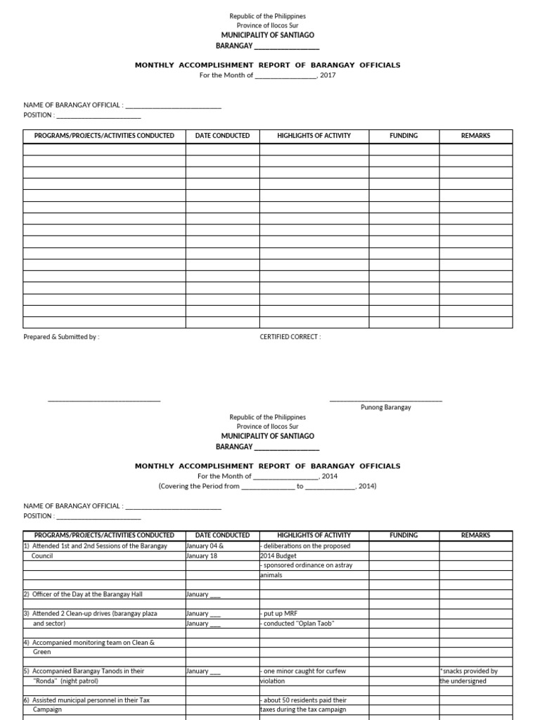 Barangay Officials Monthly Report | PDF