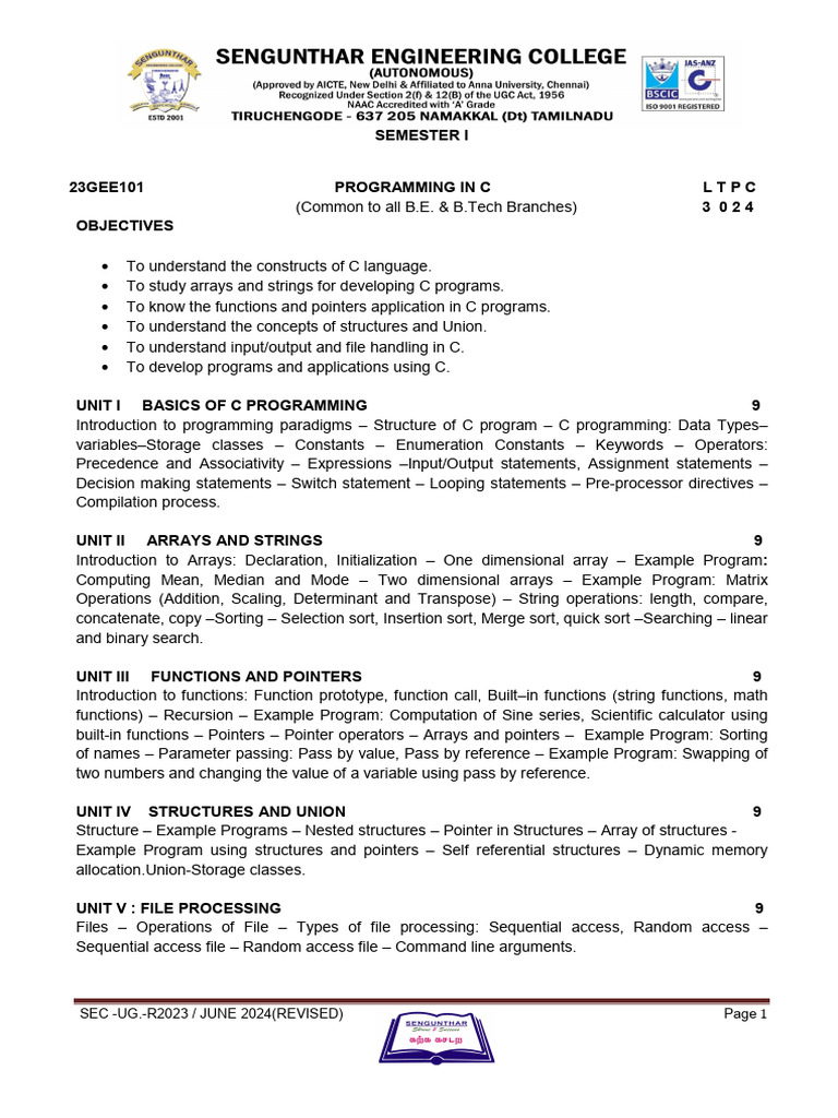 C Programming Course Syllabus | PDF | C (Programming Language ...