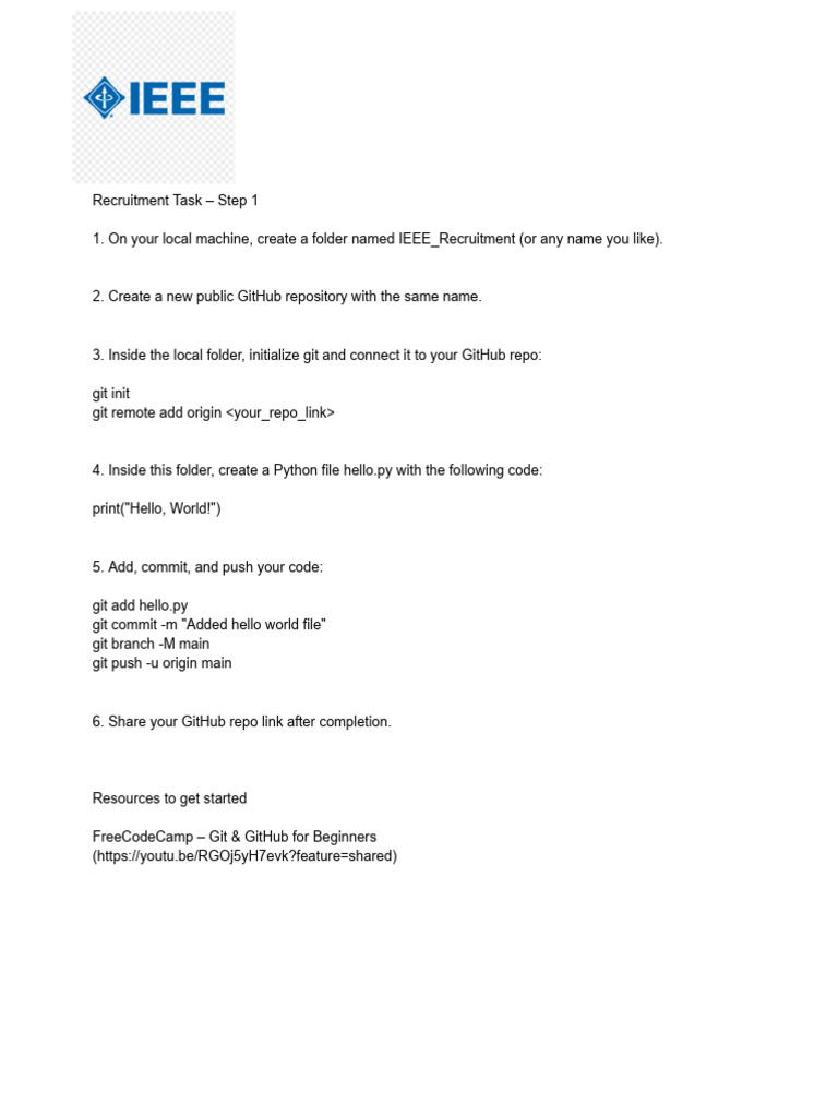 GitHub Setup for IEEE Recruitment Task | PDF