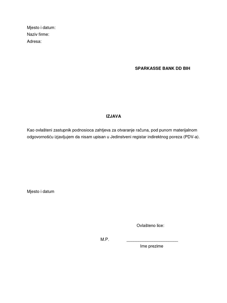 Izjava Da PL Nije PDV Obveznik | PDF