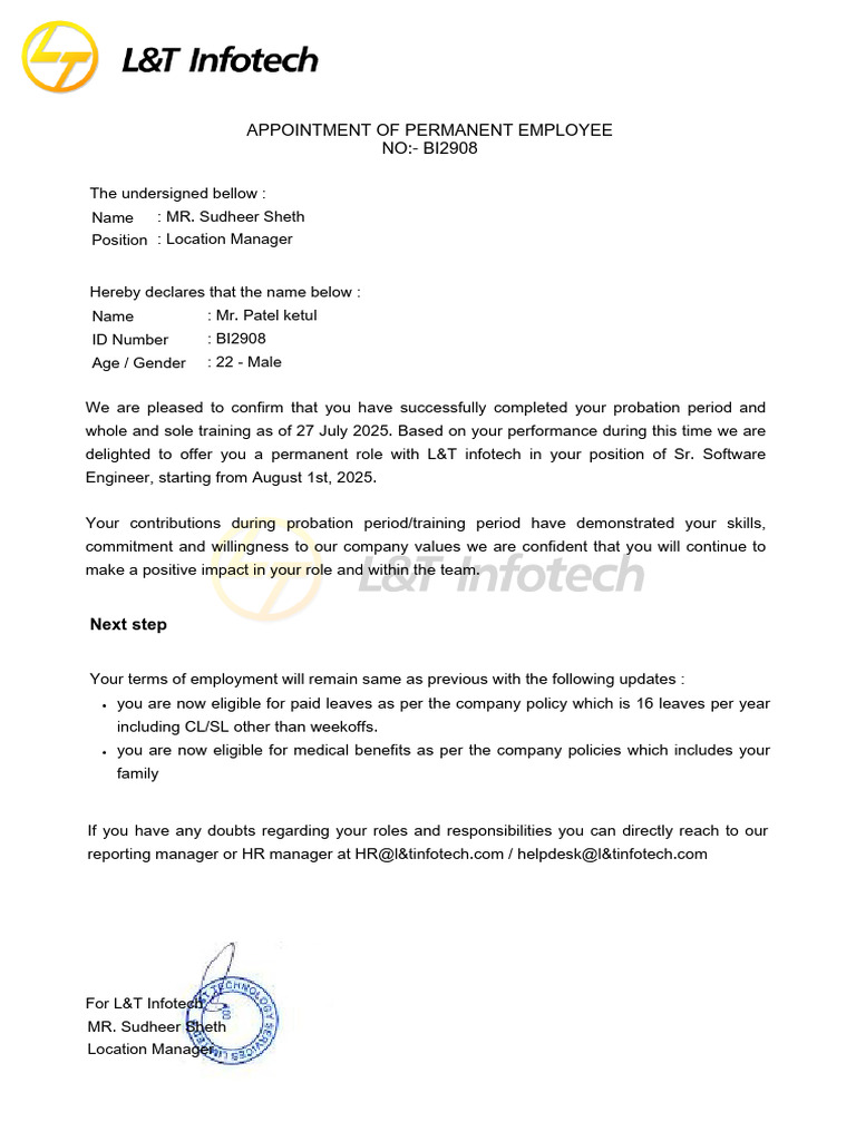 Curated visual reference: Gallery Detail: Permanent Employee Appointment Letter