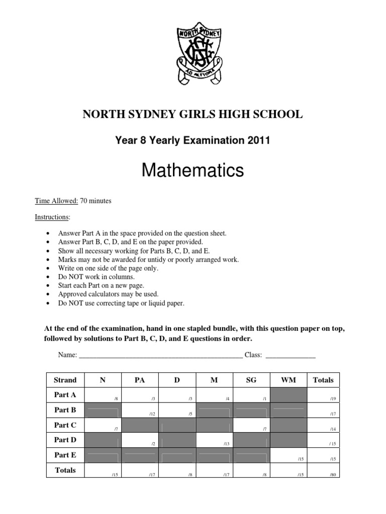 Year 8 Mathematics Exam 2011 | PDF | Geometry | Teaching Mathematics