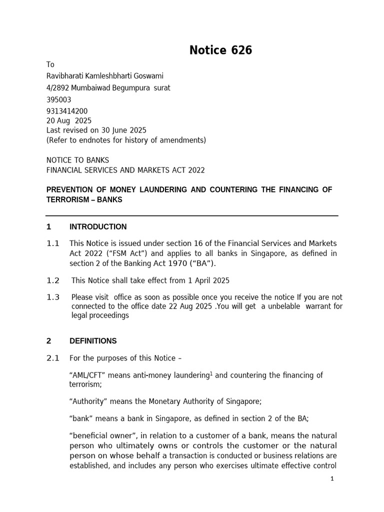 MAS Notice 626: AML/CFT Guidelines for Banks | PDF | Identity Document ...