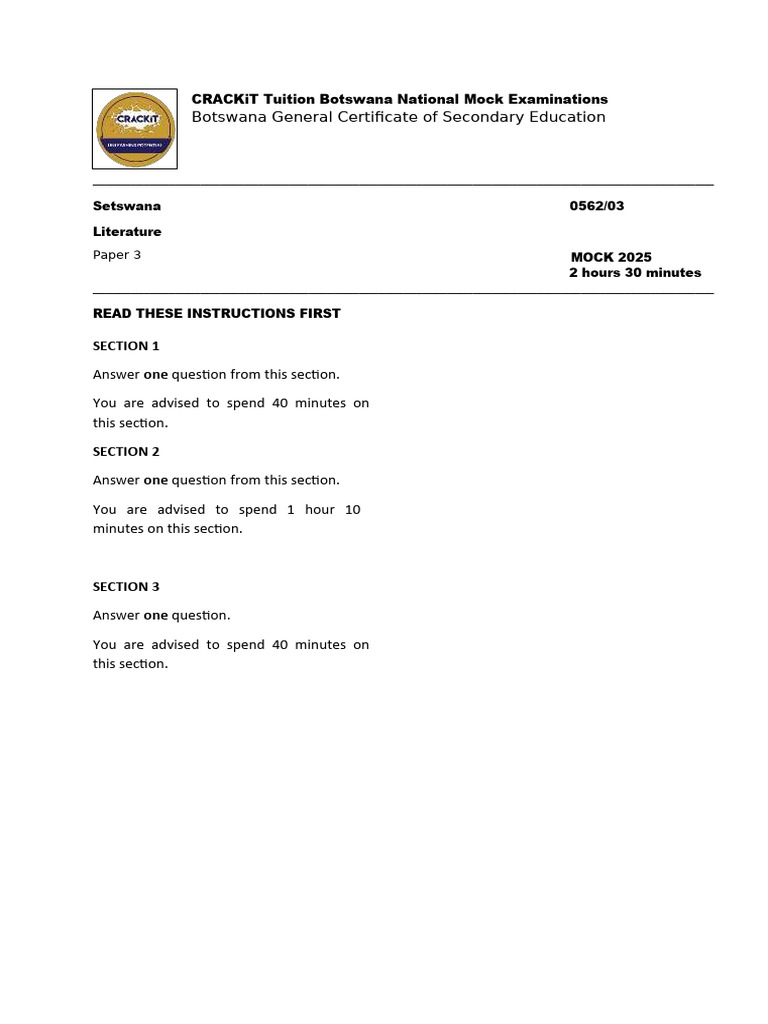 Setswana Paper 3 Mock Exam 2025 | PDF | Languages Of Africa