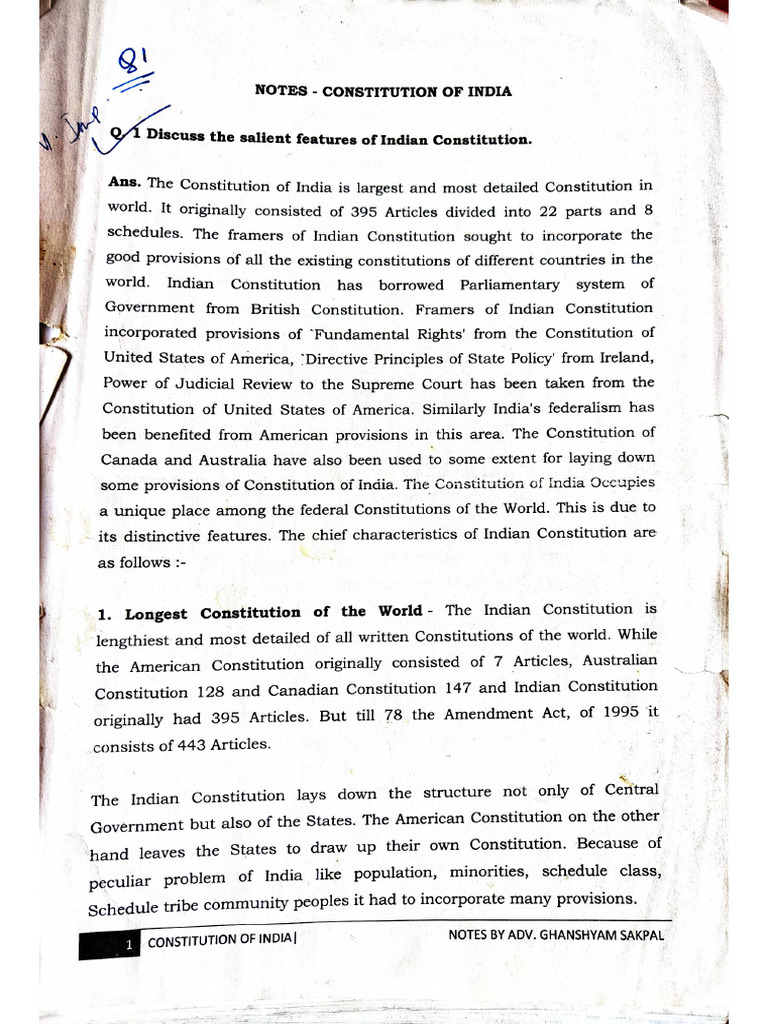 Notes (Constitution of India) | PDF