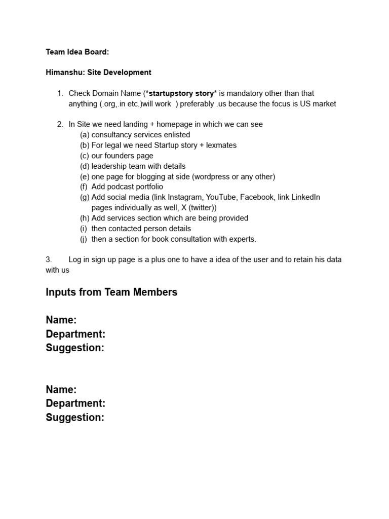 Team Idea Board for Site Development | PDF