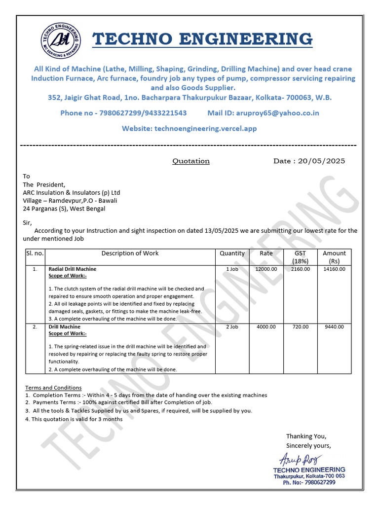 Machine Repair Quotation for ARC Insulation | PDF | Mechanical ...