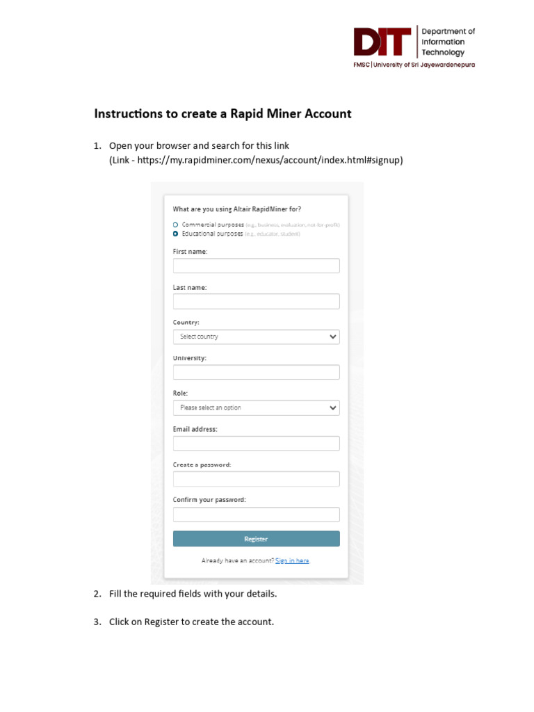 RapidMiner Account Creation - Instructions | PDF