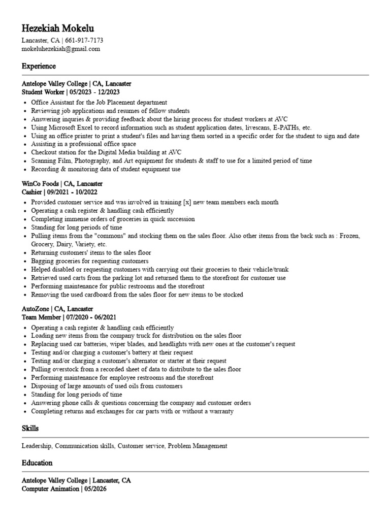 Student Work Experience Summary | PDF | Point Of Sale