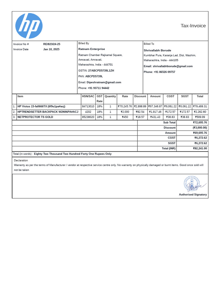 Tax Invoice for Ratnam Enterprise | PDF | Currency | Taxes