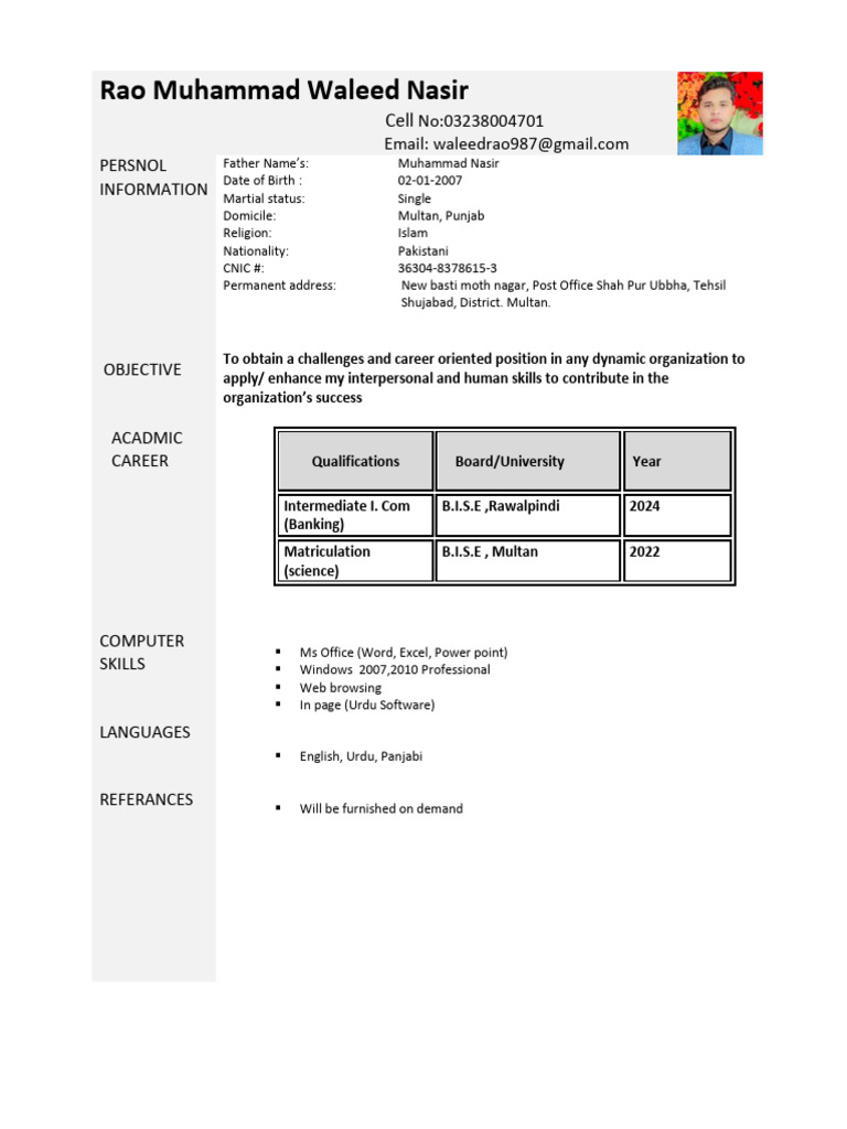 Personal Information and Resume of Rao Muhammad Waleed Nasir | PDF