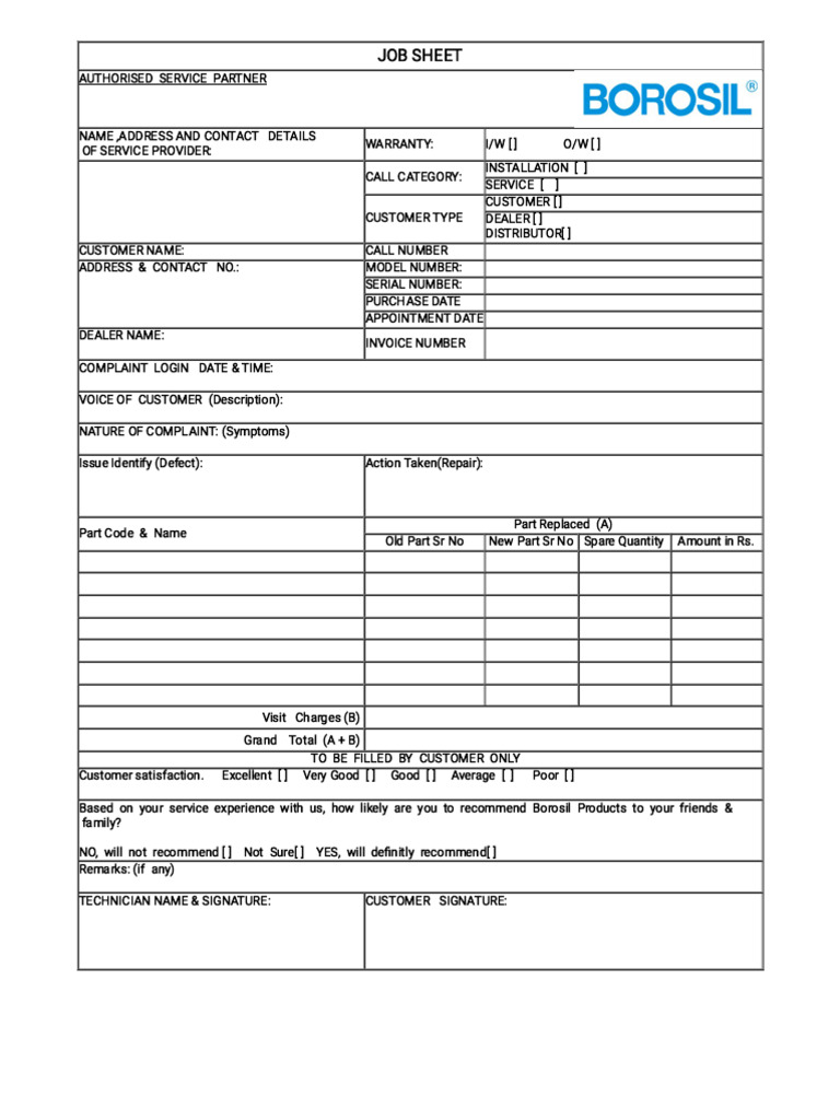 Service Partner Job Sheet Template | PDF