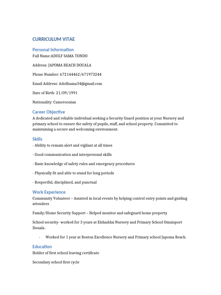 Unskilled Security Guard Curriculum Vitae | PDF
