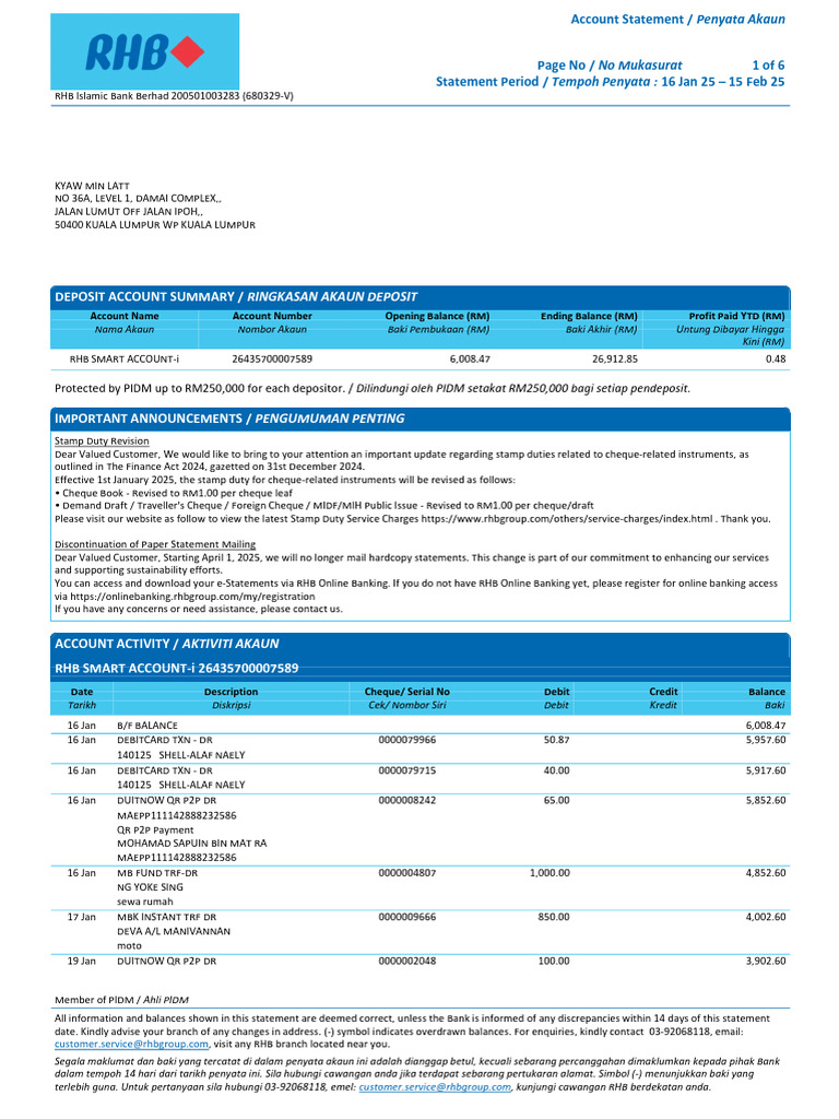 RHB Account Statement: Jan-Feb 2025 | PDF | Debit Card | Payments