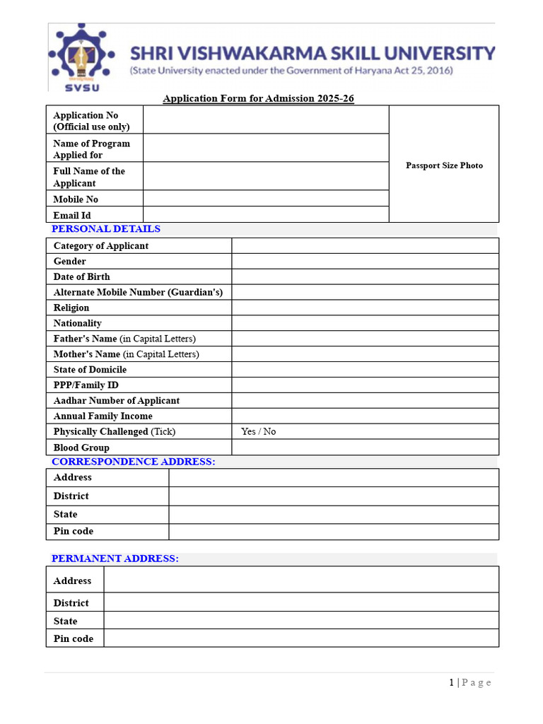 Admission Form 2025-26 Details | PDF