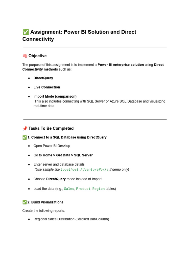 Power BI Direct Connectivity Assignment | PDF
