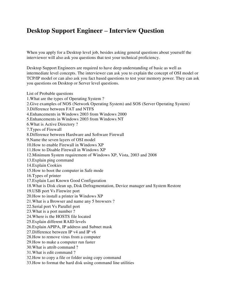 Desktop Support Engineer Qns PDF Microsoft Windows Port