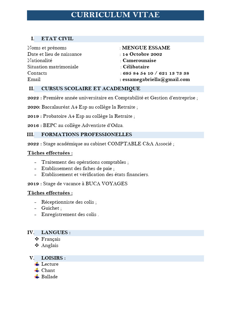 CV de MENGUE ESSAME - Comptabilité | PDF