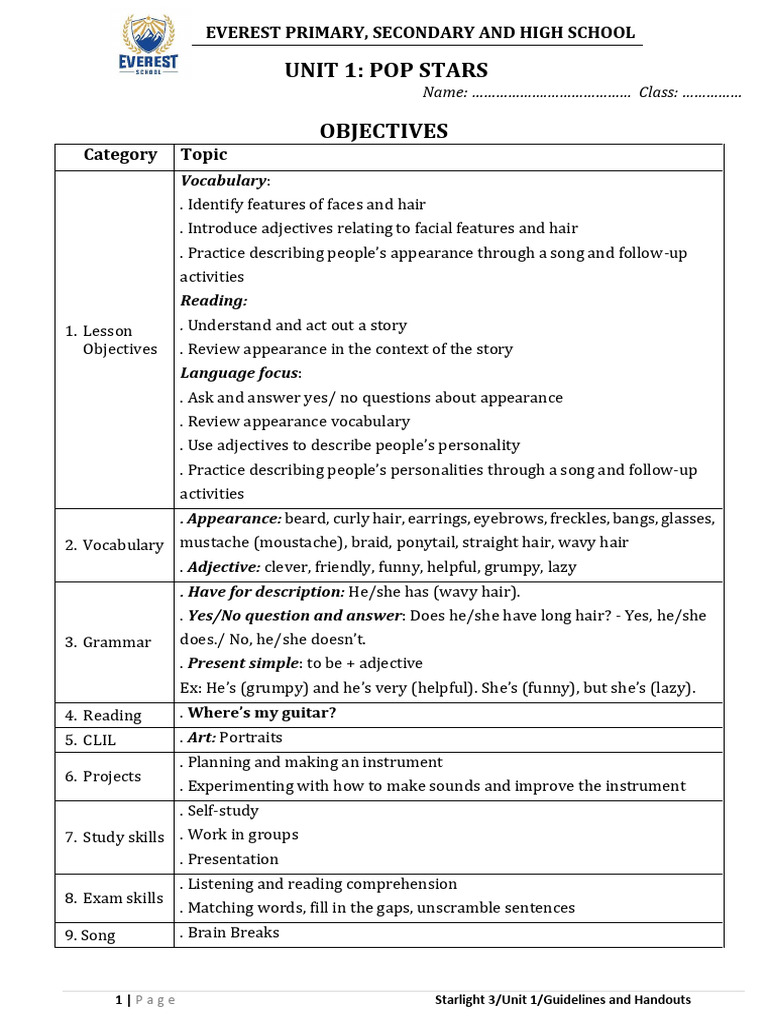 Pop Stars Unit: Describing Appearance | PDF | English Language ...
