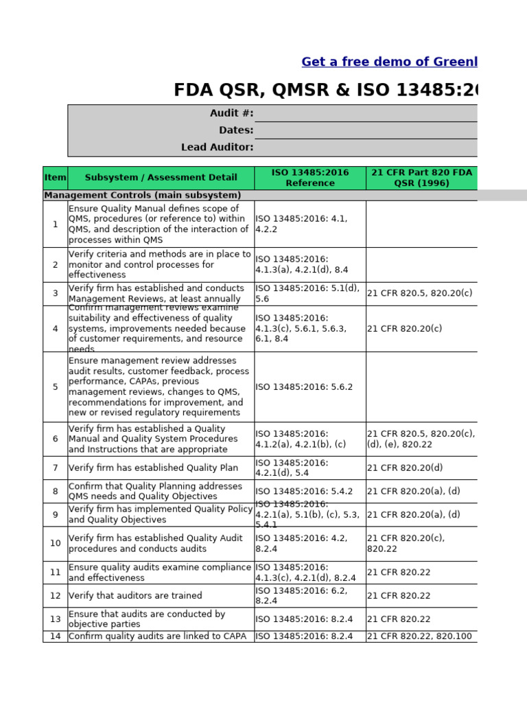 QSR & ISO 13485:2016 Audit Checklist | PDF | Verification And ...