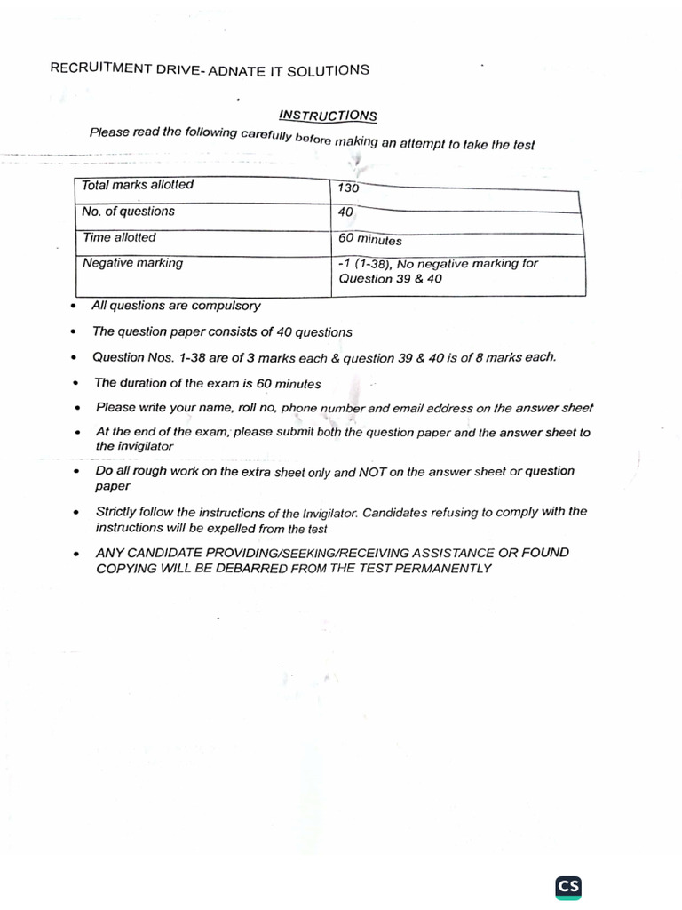 Adnate IT Campus Drive - Question Paper | PDF